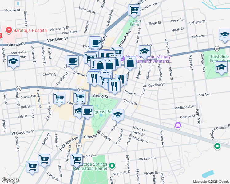 map of restaurants, bars, coffee shops, grocery stores, and more near 68 Phila Street in Saratoga Springs