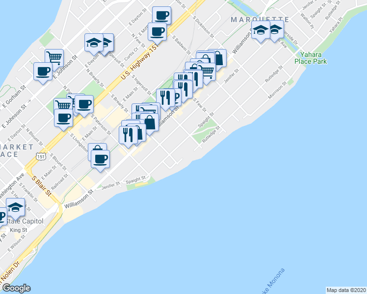 map of restaurants, bars, coffee shops, grocery stores, and more near 1033 Spaight Street in Madison