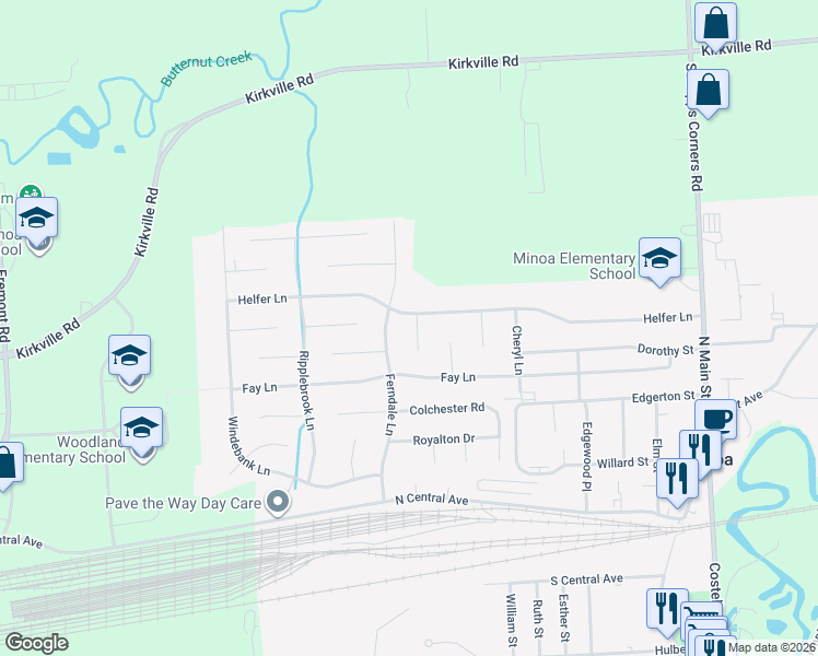 map of restaurants, bars, coffee shops, grocery stores, and more near 102 Boxwood Lane in Minoa