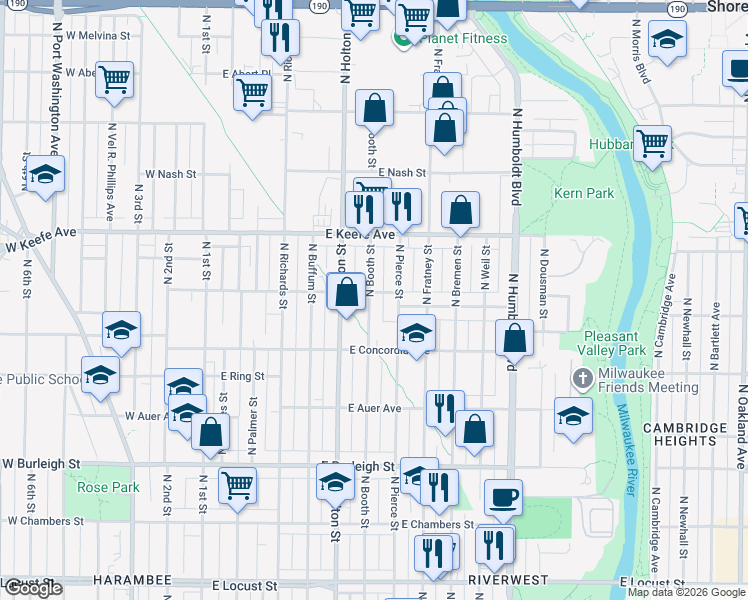 map of restaurants, bars, coffee shops, grocery stores, and more near 3379 North Pierce Street in Milwaukee