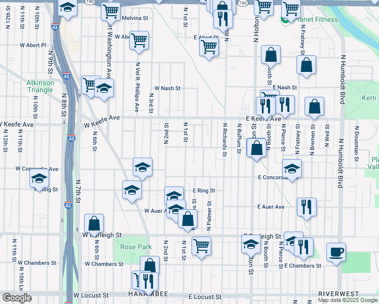 map of restaurants, bars, coffee shops, grocery stores, and more near 3368 North 1st Street in Milwaukee