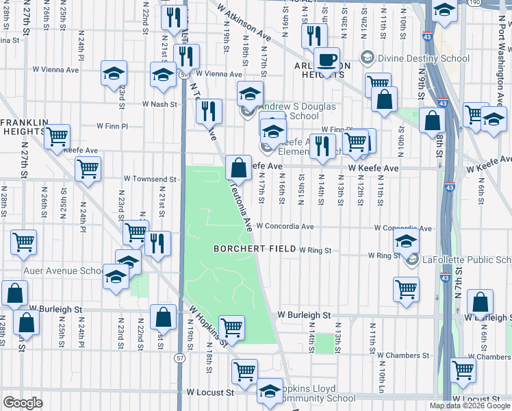 map of restaurants, bars, coffee shops, grocery stores, and more near 3338 North 18th Street in Milwaukee