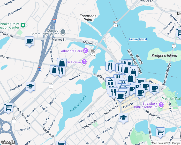 map of restaurants, bars, coffee shops, grocery stores, and more near 235 Maplewood Avenue in Portsmouth