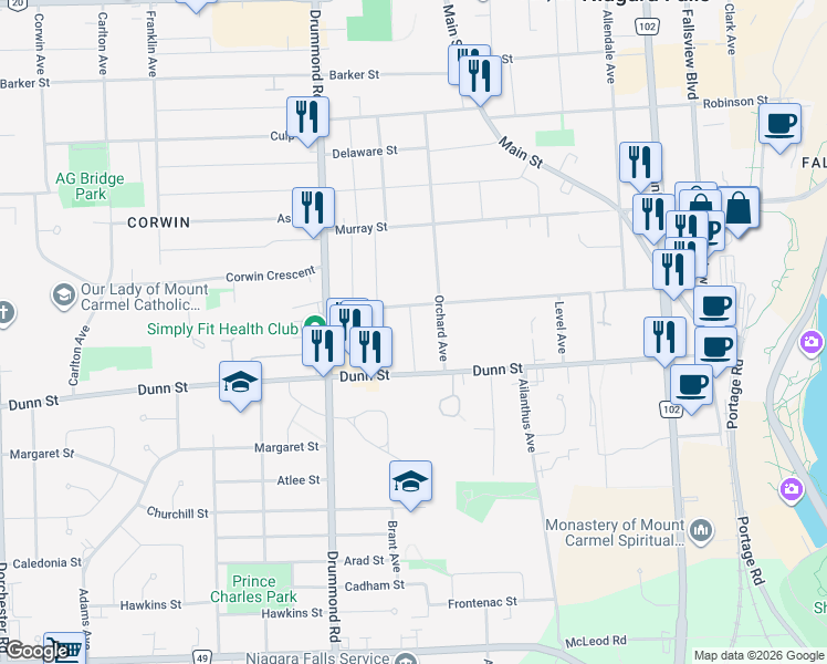 map of restaurants, bars, coffee shops, grocery stores, and more near 6568 Ralph Avenue in Niagara Falls