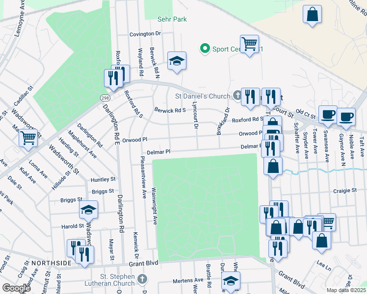 map of restaurants, bars, coffee shops, grocery stores, and more near 439 Delmar Place in Syracuse