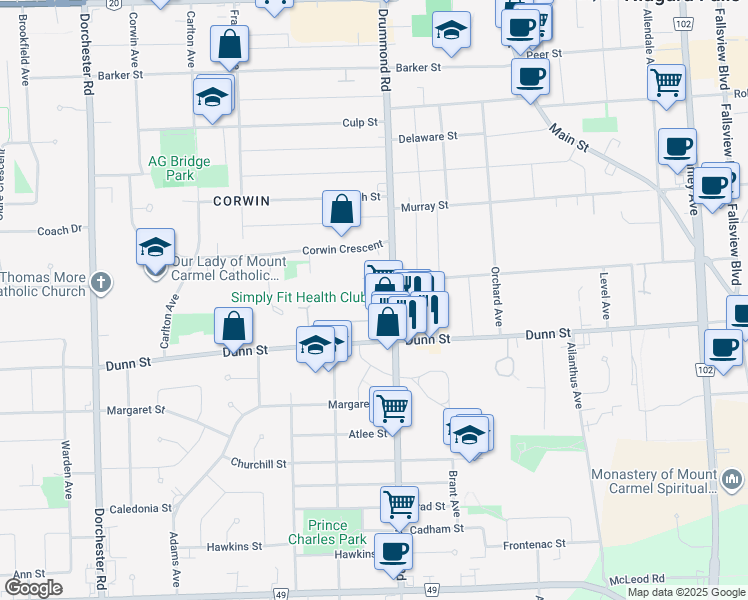map of restaurants, bars, coffee shops, grocery stores, and more near 6563 Drummond Road in Niagara Falls