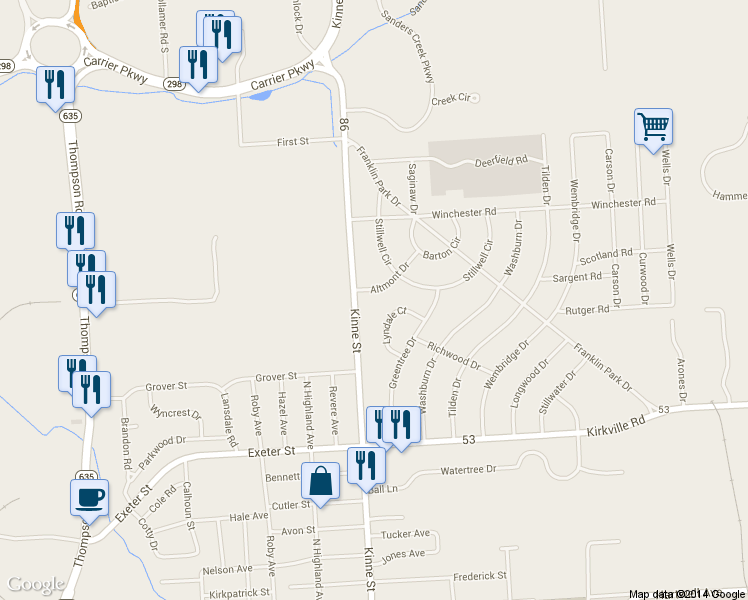 map of restaurants, bars, coffee shops, grocery stores, and more near 102 Altmont Dr in East Syracuse