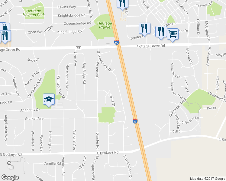 map of restaurants, bars, coffee shops, grocery stores, and more near 5 Bea Circle in Madison