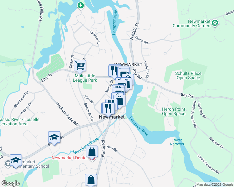 map of restaurants, bars, coffee shops, grocery stores, and more near 19 Central Street in Newmarket