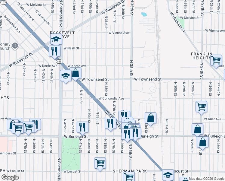 map of restaurants, bars, coffee shops, grocery stores, and more near 3337 North 37th Street in Milwaukee