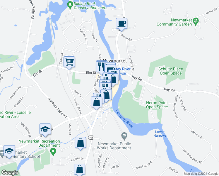 map of restaurants, bars, coffee shops, grocery stores, and more near 72 Main Street in Newmarket