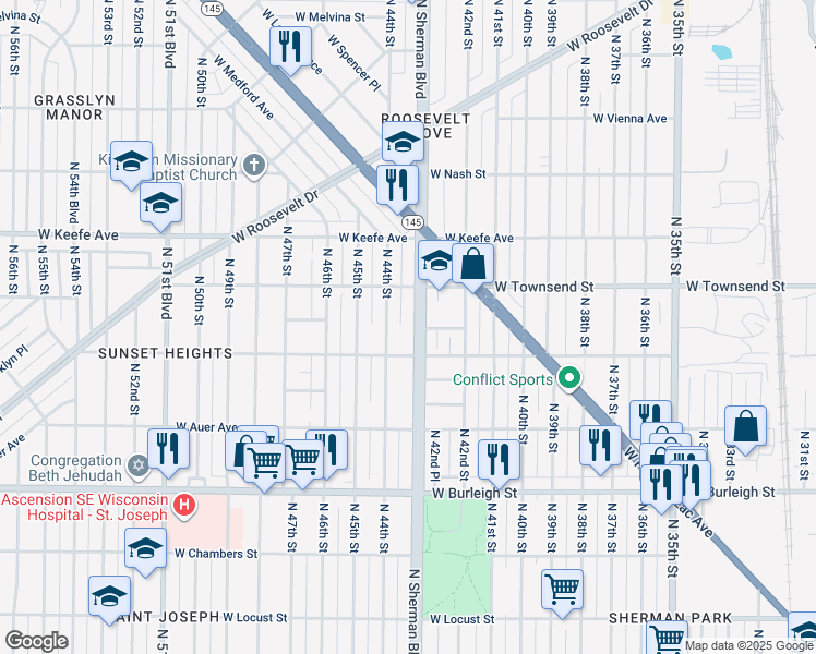 map of restaurants, bars, coffee shops, grocery stores, and more near 3337 North Sherman Boulevard in Milwaukee