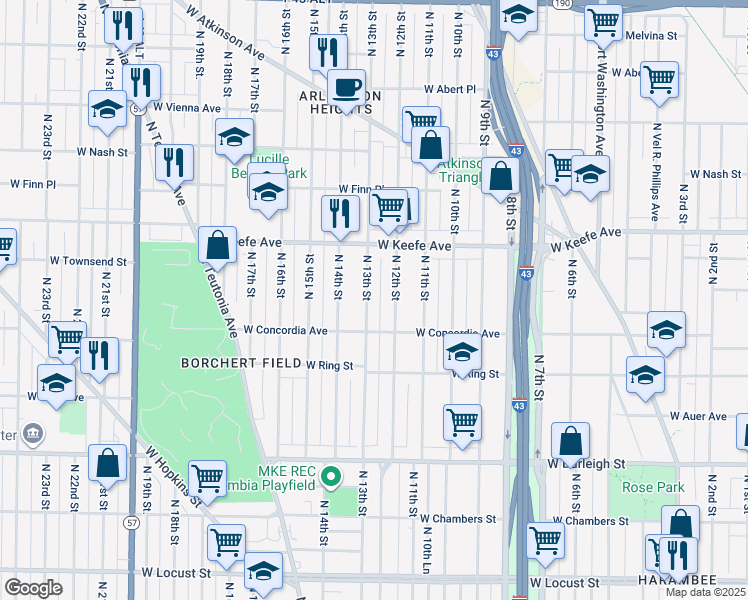 map of restaurants, bars, coffee shops, grocery stores, and more near 3346 North 13th Street in Milwaukee
