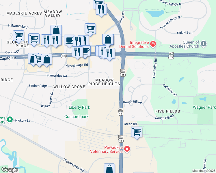map of restaurants, bars, coffee shops, grocery stores, and more near 1521 Sunnyridge Road in Pewaukee