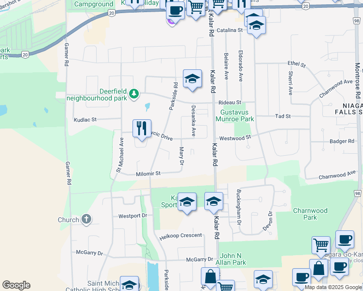 map of restaurants, bars, coffee shops, grocery stores, and more near Mary Drive in Niagara Falls