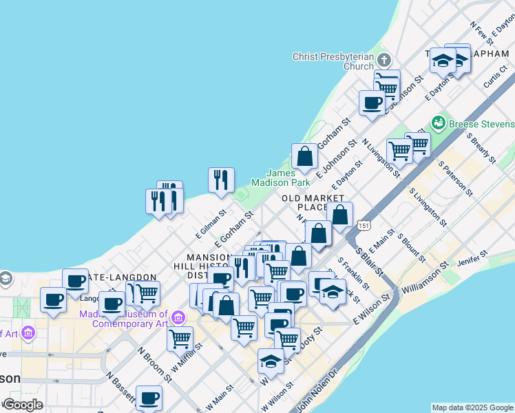 map of restaurants, bars, coffee shops, grocery stores, and more near 315 East Gorham Street in Madison