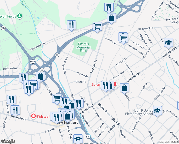 map of restaurants, bars, coffee shops, grocery stores, and more near 309 French Rd in Utica