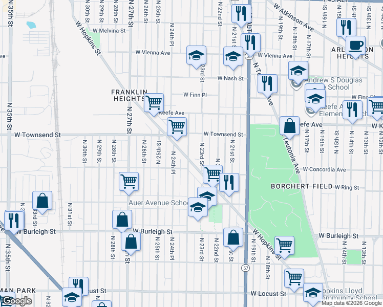 map of restaurants, bars, coffee shops, grocery stores, and more near 3342 North 24th Street in Milwaukee