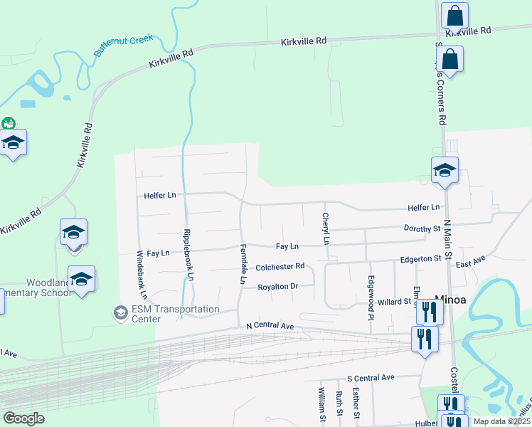 map of restaurants, bars, coffee shops, grocery stores, and more near 102 Boxwood Lane in Minoa