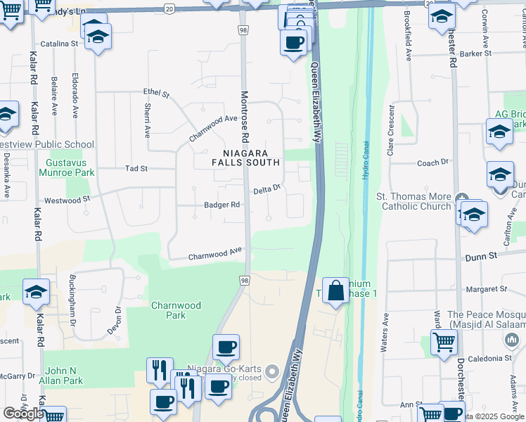 map of restaurants, bars, coffee shops, grocery stores, and more near 6551 Kuhn Crescent in Niagara Falls
