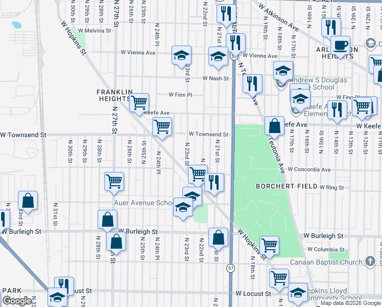 map of restaurants, bars, coffee shops, grocery stores, and more near 3350 North 23rd Street in Milwaukee