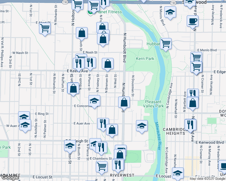 map of restaurants, bars, coffee shops, grocery stores, and more near 1004-1006 East Townsend Street in Milwaukee