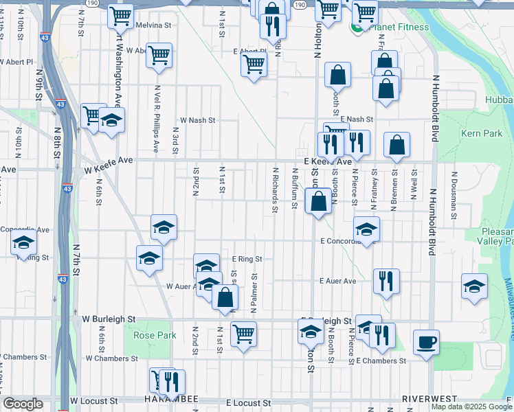 map of restaurants, bars, coffee shops, grocery stores, and more near 227 East Townsend Street in Milwaukee