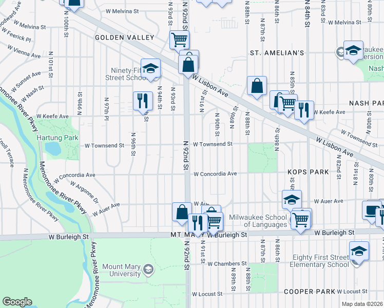map of restaurants, bars, coffee shops, grocery stores, and more near 3356 North 92nd Street in Milwaukee