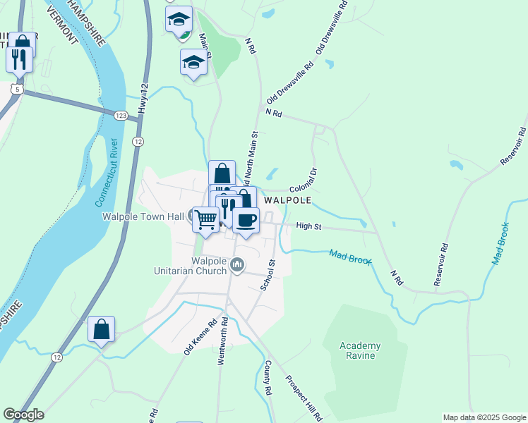 map of restaurants, bars, coffee shops, grocery stores, and more near 11 Good Circle in Walpole