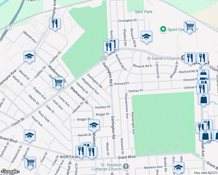 map of restaurants, bars, coffee shops, grocery stores, and more near 108 Orwood Place in Syracuse