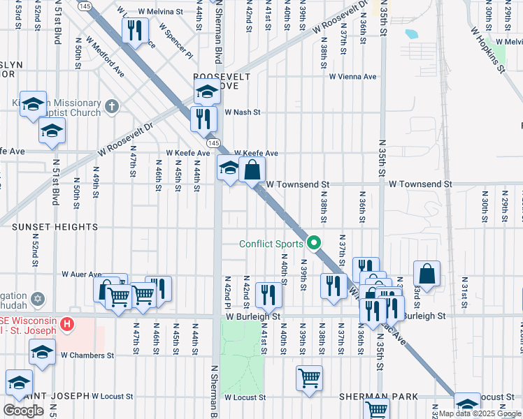map of restaurants, bars, coffee shops, grocery stores, and more near 3337 North 41st Street in Milwaukee