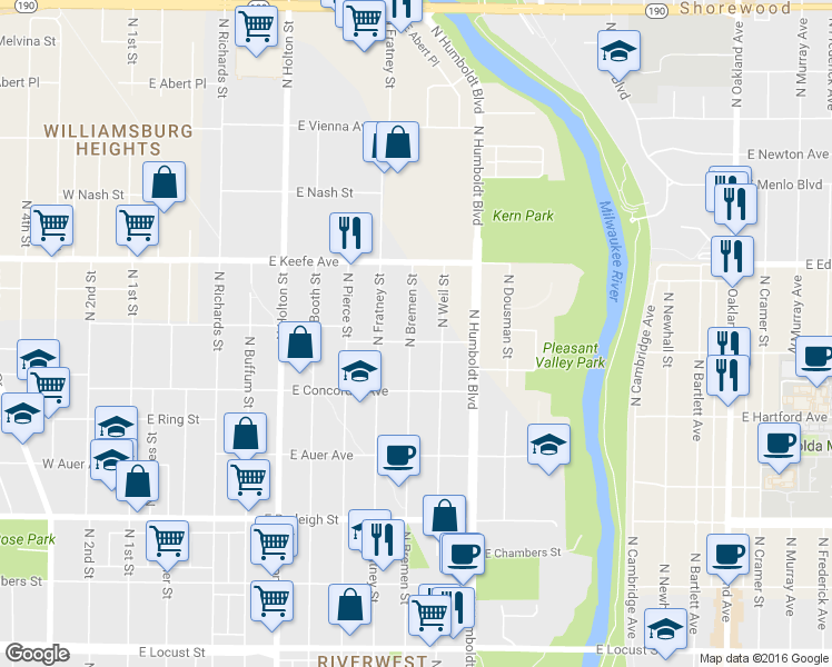 map of restaurants, bars, coffee shops, grocery stores, and more near 902 East Townsend Street in Milwaukee