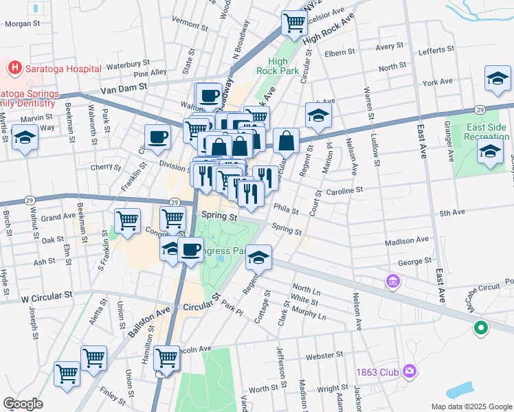 map of restaurants, bars, coffee shops, grocery stores, and more near 74 Phila Street in Saratoga Springs