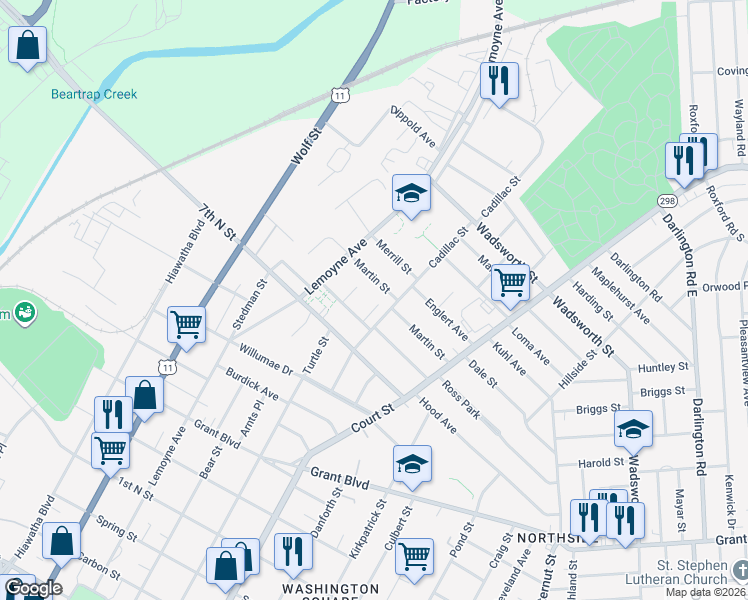 map of restaurants, bars, coffee shops, grocery stores, and more near 125 Marcia Street in Syracuse