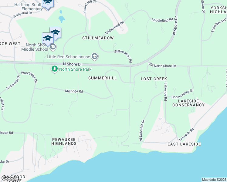 map of restaurants, bars, coffee shops, grocery stores, and more near W292N3320 Summerhill Road in Pewaukee