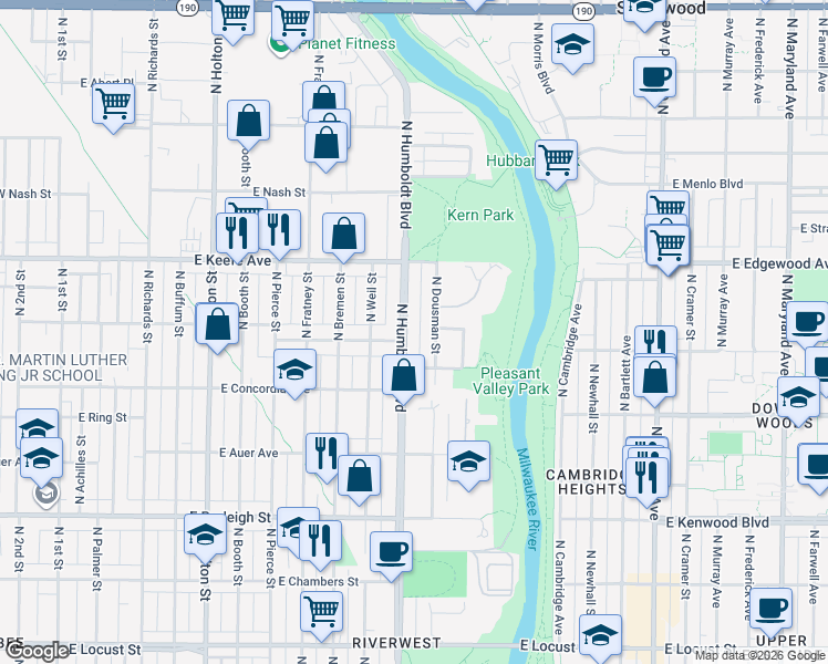 map of restaurants, bars, coffee shops, grocery stores, and more near 3408 North Humboldt Boulevard in Milwaukee