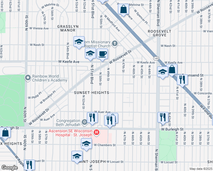 map of restaurants, bars, coffee shops, grocery stores, and more near 3337 North 49th Street in Milwaukee