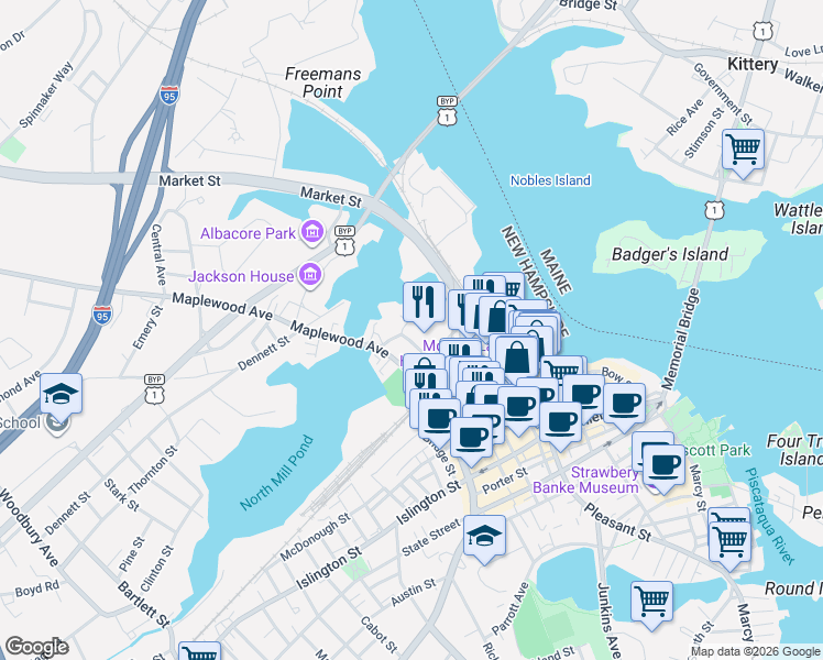 map of restaurants, bars, coffee shops, grocery stores, and more near 319 Vaughan Street in Portsmouth