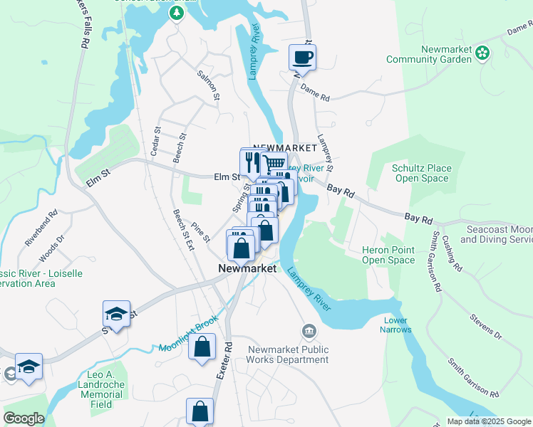map of restaurants, bars, coffee shops, grocery stores, and more near 6 Central Street in Newmarket