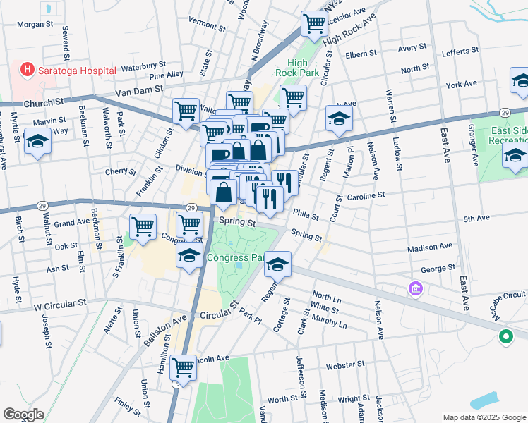 map of restaurants, bars, coffee shops, grocery stores, and more near 74 Phila Street in Saratoga Springs