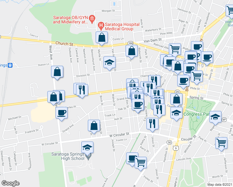 map of restaurants, bars, coffee shops, grocery stores, and more near 186 Washington Street in Saratoga Springs
