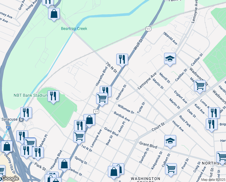 map of restaurants, bars, coffee shops, grocery stores, and more near 105 6th North Street in Syracuse