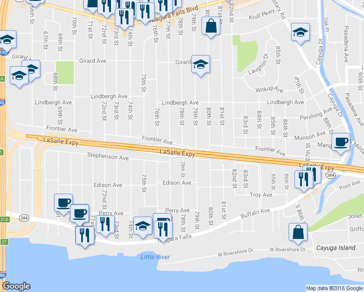 map of restaurants, bars, coffee shops, grocery stores, and more near 7799 Frontier Avenue in Niagara Falls
