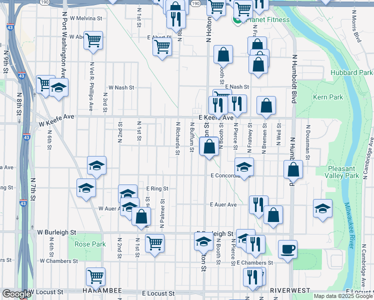 map of restaurants, bars, coffee shops, grocery stores, and more near 3368 North Buffum Street in Milwaukee