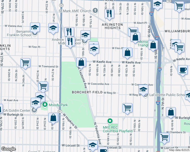 map of restaurants, bars, coffee shops, grocery stores, and more near 3347 North 16th Street in Milwaukee