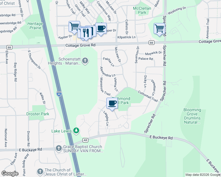 map of restaurants, bars, coffee shops, grocery stores, and more near 1 Vienna Circle in Madison