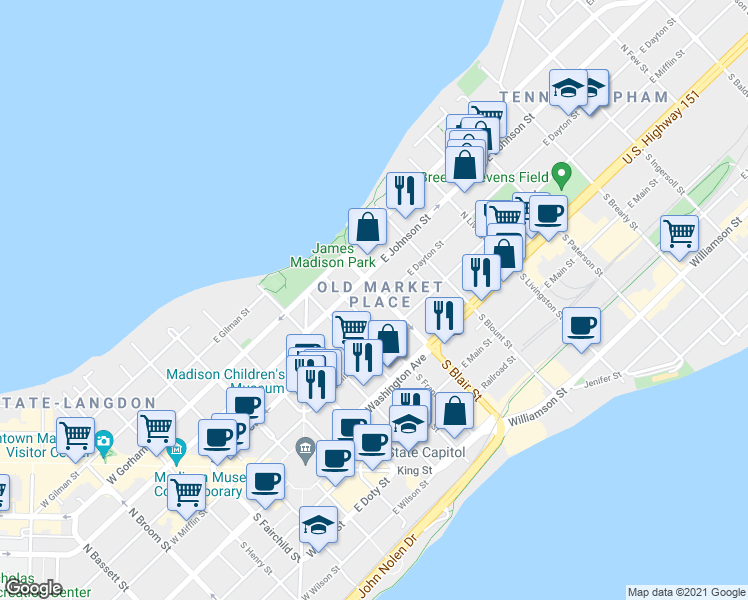 map of restaurants, bars, coffee shops, grocery stores, and more near 127 North Blair Street in Madison