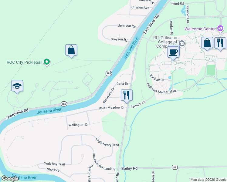 map of restaurants, bars, coffee shops, grocery stores, and more near 24 Riverview Drive in Rochester
