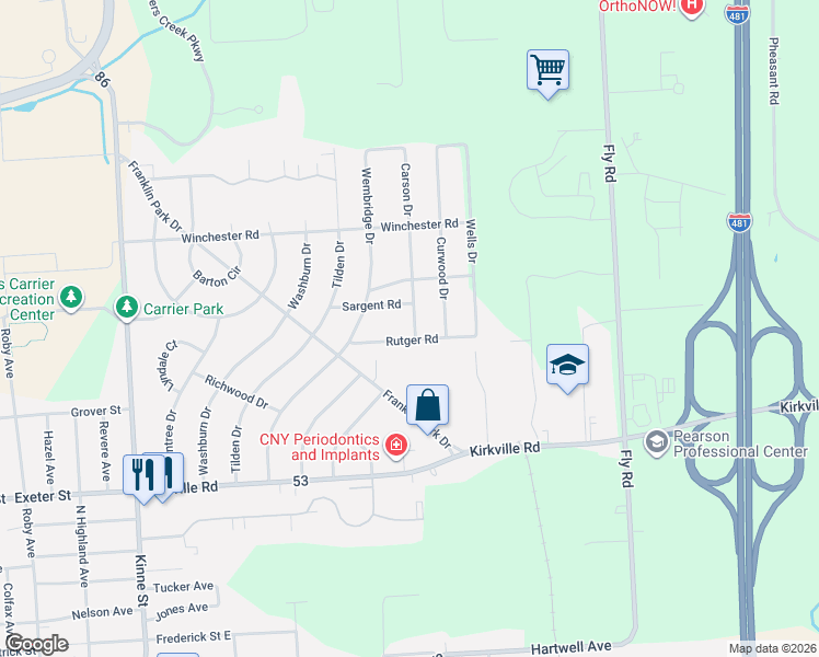 map of restaurants, bars, coffee shops, grocery stores, and more near 6377 Carson Dr in East Syracuse