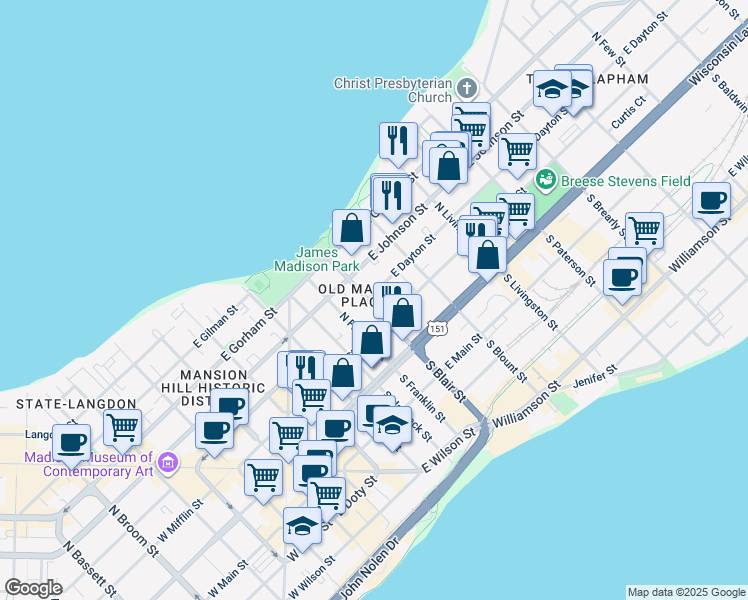 map of restaurants, bars, coffee shops, grocery stores, and more near 127 North Blair Street in Madison